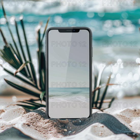 Smartphone mockup with a blank screen on a tranquil beach background, travel and tourism AI generated