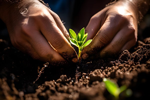 Hands engaged in planting soil adhering to the skin and underneath the fingernails, AI generated