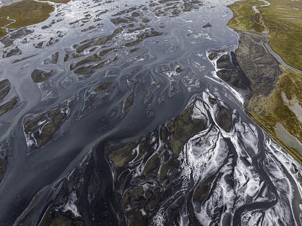 Overgrown river landscape, Eldhraun, near Kirkjubaejarklaustur, drone image, Sudurland, Iceland, Europe