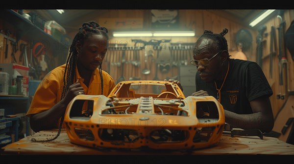 Two black young adults individuals focused on assembling a model car in a workshop filled with tools, AI generated