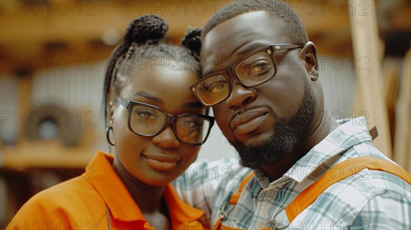 African young pretty couple in a workshop wearing workwear, showing intimacy and togetherness, smiling, AI generated