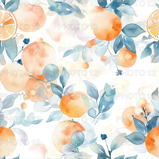 Watercolor seamless pattern with oranges and green leaves AI generated