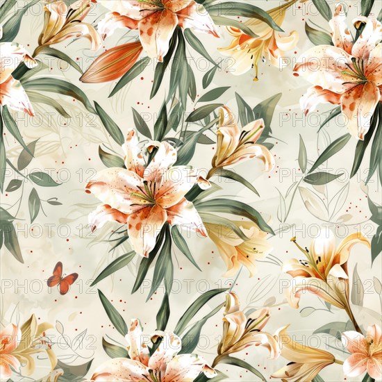 Seamless watercolor pattern featuring lily bouquets in a vintage-inspired design AI generated