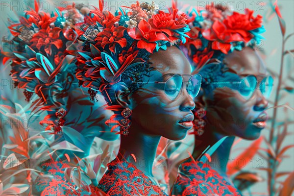Anaglyph image of a woman with vibrant floral decorations and eyeglasses, creating a 3D effect, illustration, AI generated