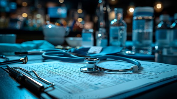 Medical documents and equipment with a stethoscope on a desk at nighttime, AI generated