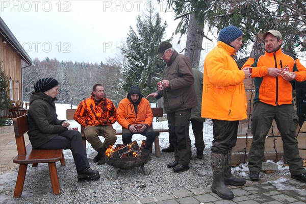 Wild boar (Sus scrofa) end of the hunt, amusing hunter's round, so-called Schuesseltreiben, tradition, Allgaeu, Bavaria, Germany, Europe