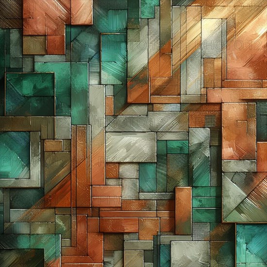Textured squares in green and copper tones with visible brush strokes, AI generated