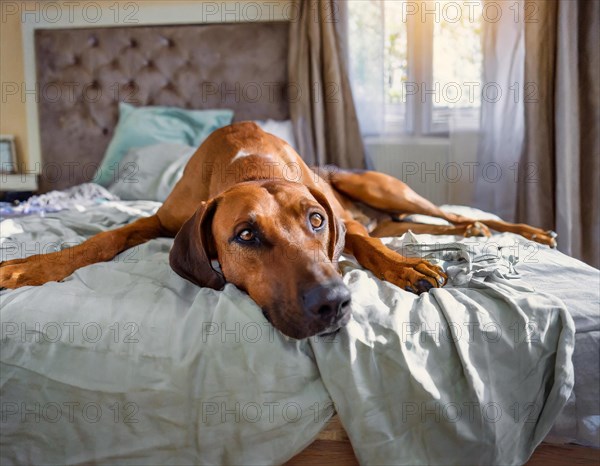 Dog, Rhodesian Ridgeback lying on a bed in the bedroom, AI generated, AI generated