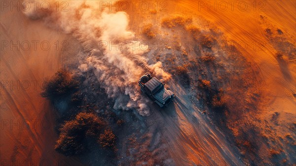 A jeep travels down a dusty road at sunset, enveloped in a cloud of dust, ai generated, AI generated