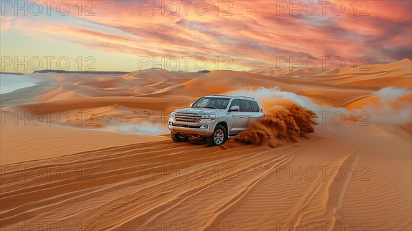 White 4x4 suv driving through undulating dunes under a pastel sky, ai generated, AI generated