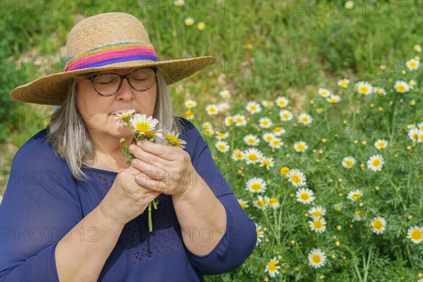 Mature woman with white hair and hat with a bouquet of daisies in her hands, in the background a meadow covered with flowers