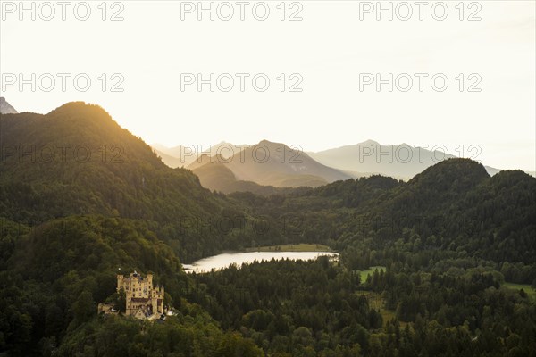 Hohenschwangau Castle, foehn storm, sunset, near Fuessen, Ostallgaeu, Allgaeu, Bavaria, Germany, Europe