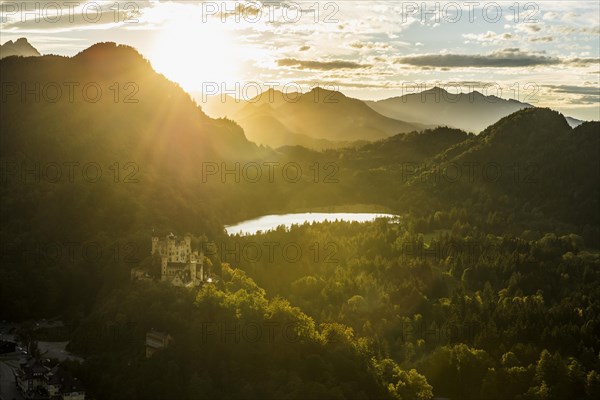 Hohenschwangau Castle, foehn storm, sunset, near Fuessen, Ostallgaeu, Allgaeu, Bavaria, Germany, Europe