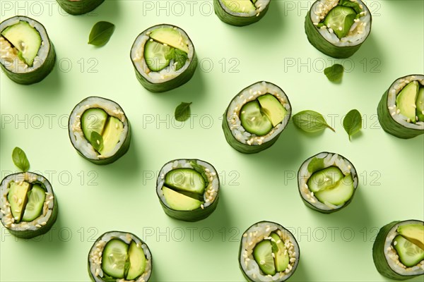 Top vie wof vegan sushi with vegetables on green background. KI generiert, generiert, AI generated