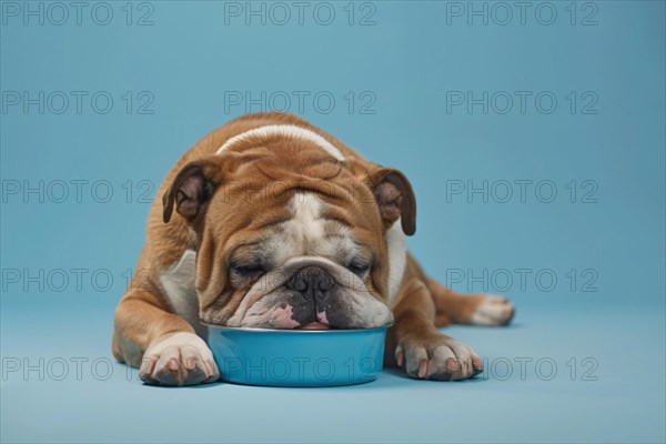 Funny English Bulldog dog falling asleep with head in pet bowl in front of blue studio background. KI generiert, generiert, AI generated