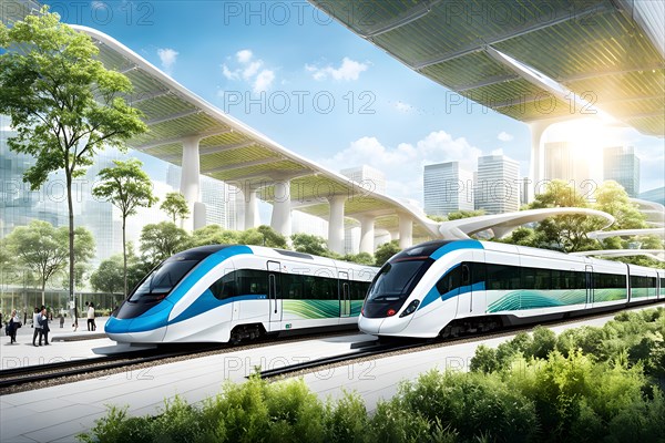 Conceptual digital rendering featuring a seamless transportation hub convergence of autonomous trains, AI generated