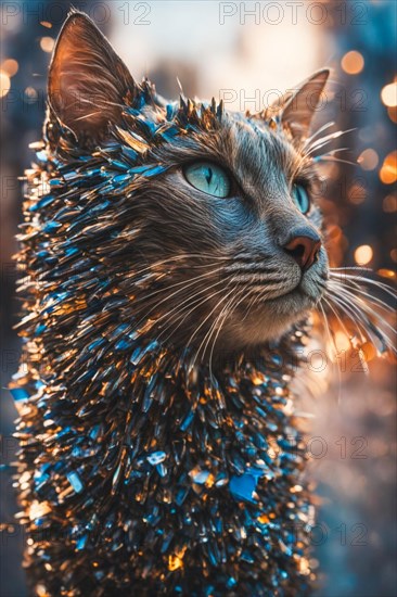 A cat with striking blue eyes covered in glitter against a bokeh background, ray tracing 3d sculpture, AI generated