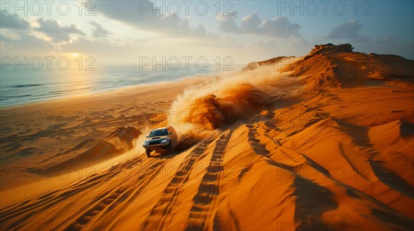 An SUV racing down a steep yellow sand dune creating a dynamic cloud of dust, action sports photography, AI generated
