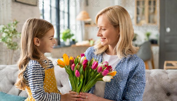 A little girl presents her smiling mother with a colourful bouquet of tulips in the cosy living room, symbol of Mother's Day, AI generated, AI generated
