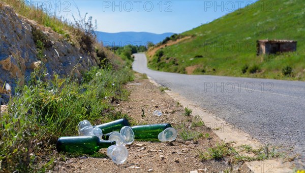 There are some empty glass bottles on the roadside, some broken, pollution, AI generated, AI generated