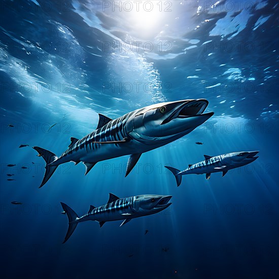 Barracudas gliding through open ocean in a tight formation menacing sleekness, AI generated, deep sea, fish, squid, bioluminescent, glowing, light, water, ocean