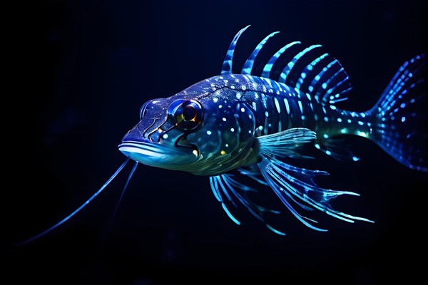 Viperfish swimming in deep ocean depths with bioluminescent spots emanating a ghostly luminescence, AI generated