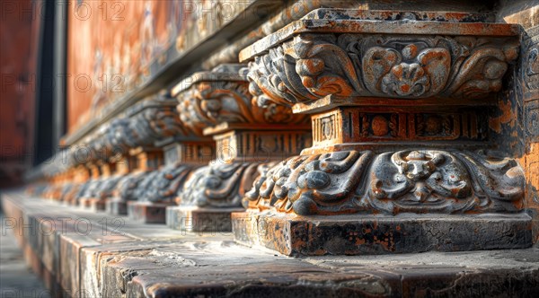 Close-up of intricate stone carving on architectural relief work with red hues, ai generated, AI generated