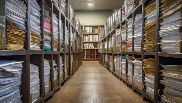 Interior view of an archive with shelves full of files and stacks of paper, bureaucracy symbol, AI generated, AI generated