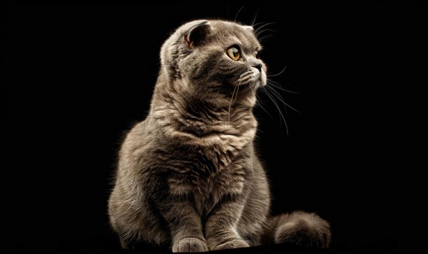 Majestic grey kitten sitting with a focused gaze, highlighted by studio lighting against a dark backdrop AI generated
