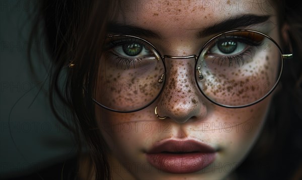 Close-up portrait of a woman with freckles wearing glasses, intense gaze, on a dark background AI generated