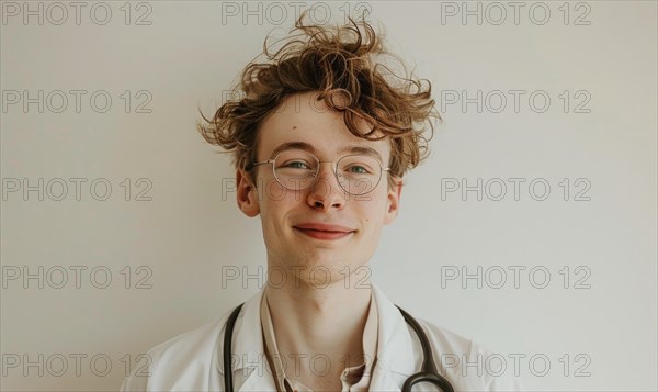 Warm portrait of a young man with curly hair and glasses, dressed in a white coat with a stethoscope AI generated