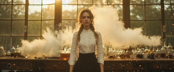 Woman in a white shirt amidst dramatic smoke in a vintage laboratory, AI generated