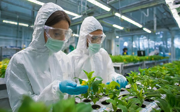 Biologists in protective suits grow vegetables in the lab, the concept of biotechnology, plant care and protection against diseases, organic food production, AI generated, AI generated