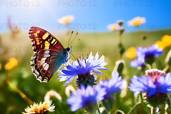 Admiral butterfly sitting in a blooming garden expressing summer wildlife, AI generated