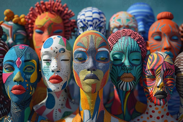 Artistically painted sculptures with patterned face art emphasizing cultural diversity, illustration, AI generated