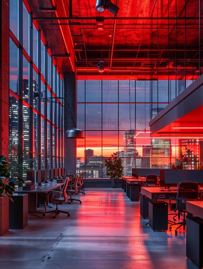 A modern office space illuminated with a vivid red hue overlooking an urban cityscape at sunset, AI generated