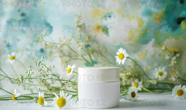 Blank cosmetic jar mockup placed on an elegant watercolor chamomile background, skin care and beauty AI generated