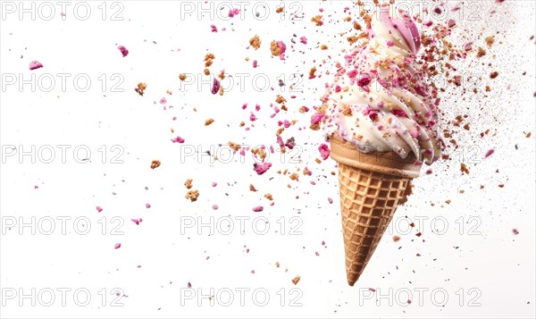 Ice cream cone explosion on white background AI generated