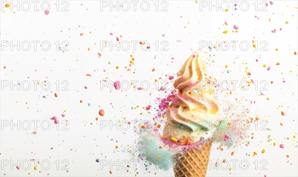 Ice cream cone explosion on white background AI generated