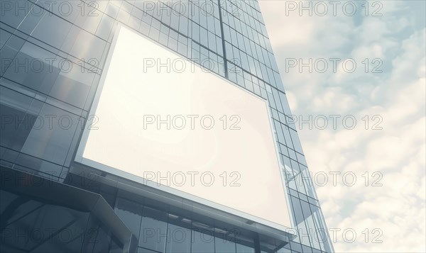 Blank screen banner mockup displayed on the modern building facade. Close Up view AI generated