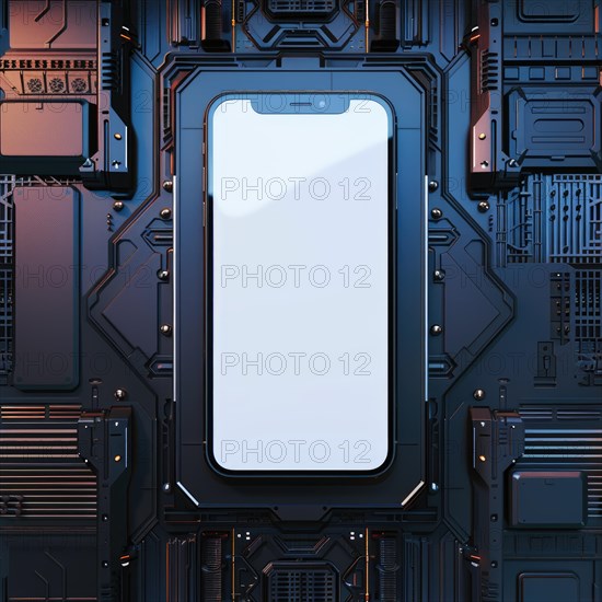 Smartphone mockup with a blank screen on a futuristic technology background AI generated