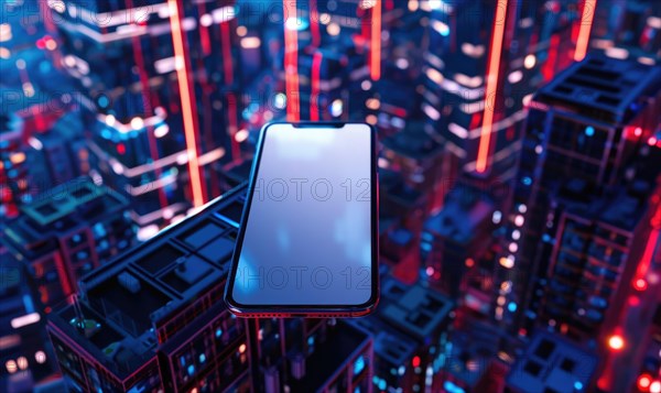 Smartphone mockup with a blank screen on a vibrant cityscape background AI generated