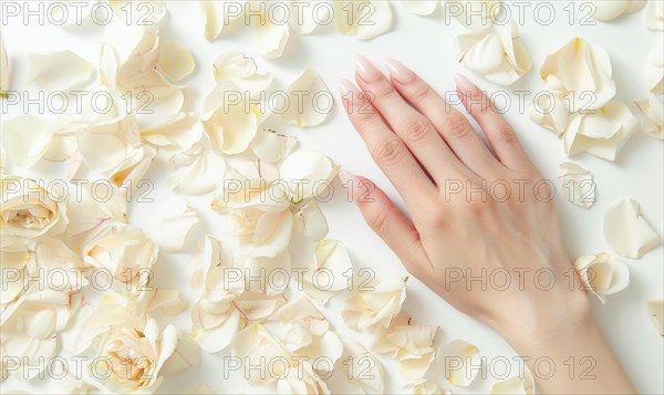 Woman's hand on white background with flower petals around AI generated