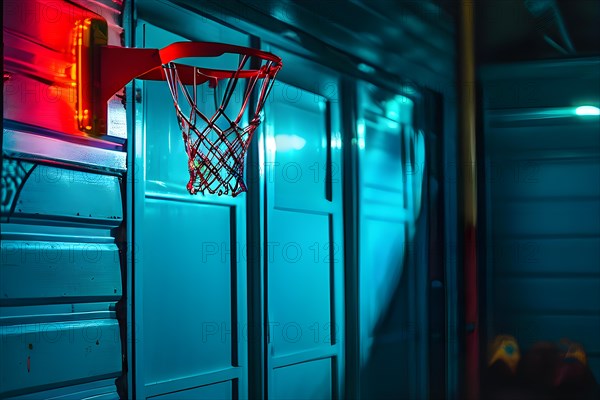 90s style basketball hoop suspended above a garage door, AI generated