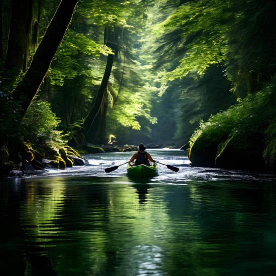 Kayaker in synergy with the gentle current meanders through the heart of a lush green forest, AI generated