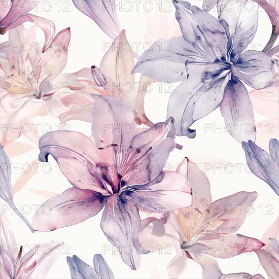 Seamless watercolor pattern with lily blossoms in pastel tones AI generated