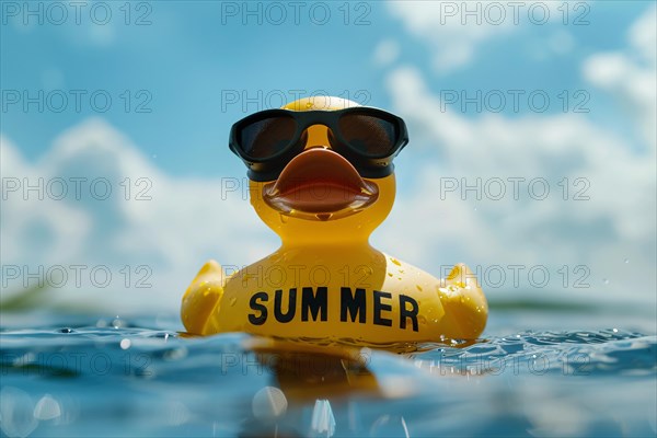 Cute yellow rubber duck with goggles and text 'Summer' swimming in water, KI generiert, generiert, AI generated