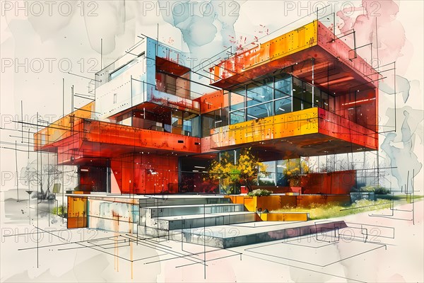 Artistic watercolor painting of a modern structure with vivid floating red boxes and abstract elements, AI generated
