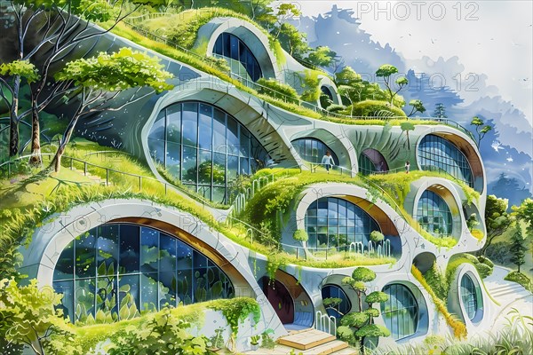 Nature-infused architecture with organic design, abundant greenery in a watercolor style, AI generated