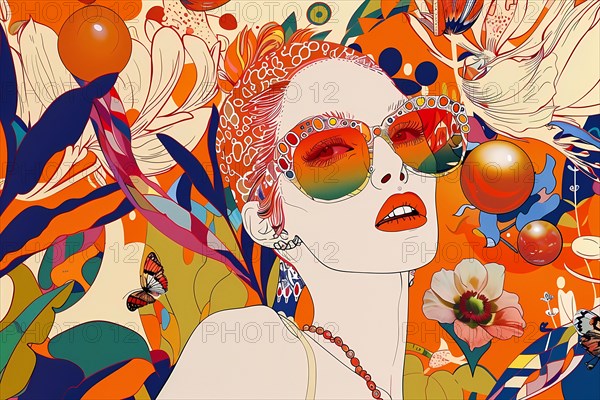 Vibrant and psychedelic portrait of a woman with floral motifs and butterflies, illustration, AI generated